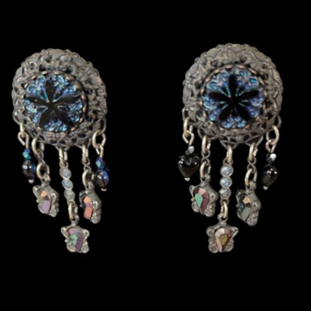 Vintage Banana Bob Silver Blue Iridescent Stone Starfish Dangle Clip On Earrings - Picture 6 of 11